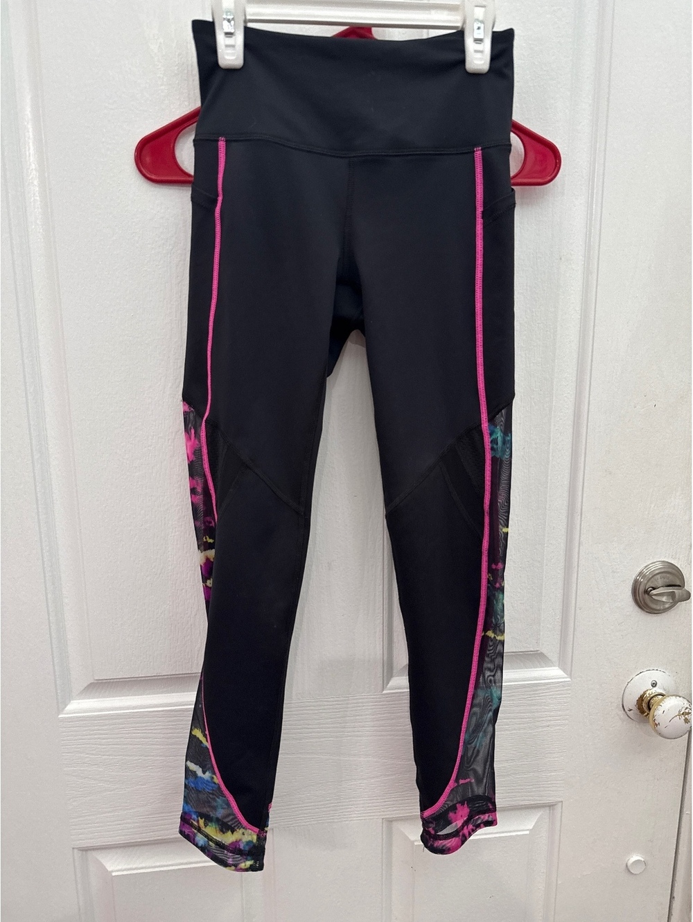 Fila Women's Black High-Waisted Leggings with Multicolor Tie-Dye and Pink Stitch